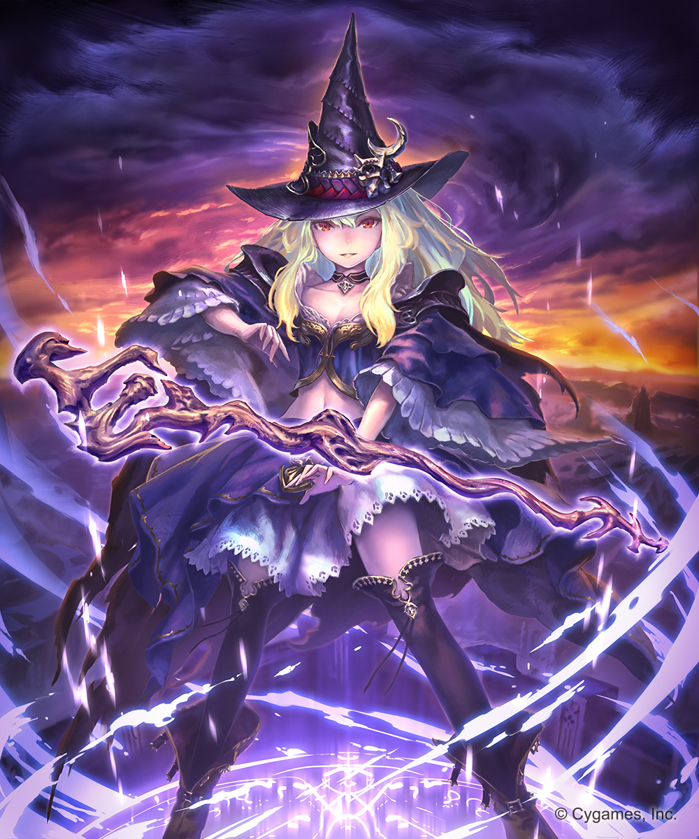 black_footwear blonde_hair boots breasts choker cleavage cloud cloudy_sky collarbone dorothy_(shingeki_no_bahamut) floating_hair hat highres hisakata_souji layered_skirt long_hair midriff navel outdoors parted_lips purple_hat purple_skirt red_eyes shingeki_no_bahamut skirt sky small_breasts solo staff stomach thigh_boots thighhighs witch_hat