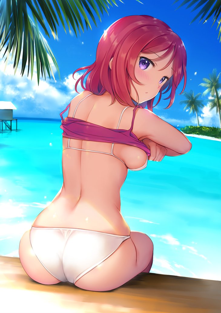 ass back bikini blue_sky blush breasts cloud cloudy_sky day from_behind lifted_by_self looking_at_viewer looking_back love_live! love_live!_school_idol_project medium_breasts mignon nishikino_maki ocean outdoors palm_tree purple_eyes red_hair shade shiny shiny_clothes shirt_lift short_hair sideboob sitting skindentation sky solo summer swimsuit tree underboob undressing white_bikini wide_hips