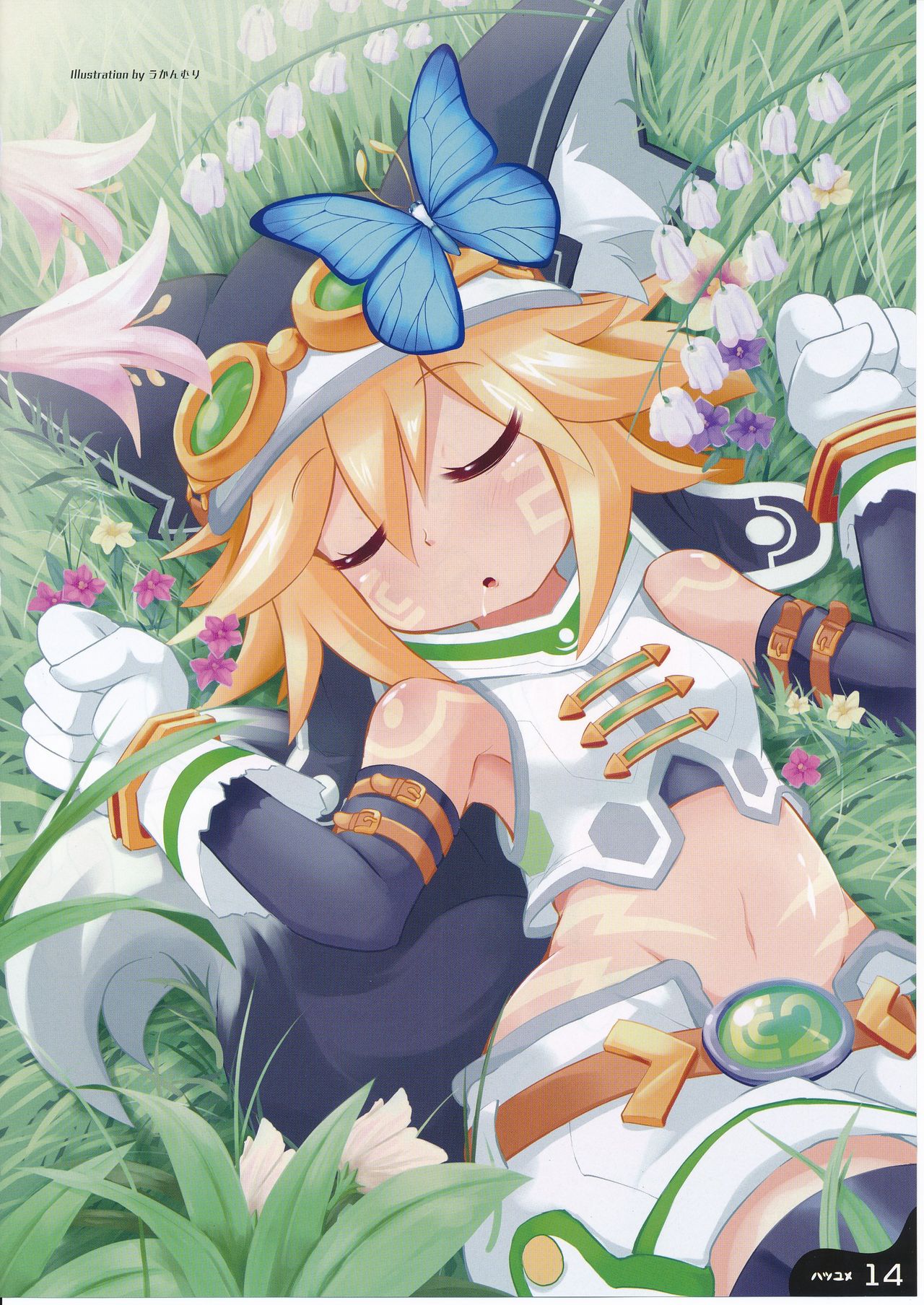1girl animal_ears blonde_hair blush butterfly crop_top cyberconnect2_(choujigen_game_neptune) drooling eyes_closed flower goggles grass hat highres insect neptune_(series) saliva scan short_hair sleeping tail