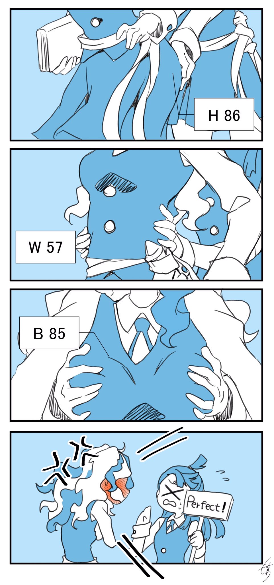 &gt;_&lt; angry ass_grab blush breast_grab breasts comic commentary_request diana_cavendish embarrassed english full-face_blush grabbing highres kagari_atsuko little_witch_academia measurements medium_breasts mochiro_anm multiple_girls silent_comic yuri