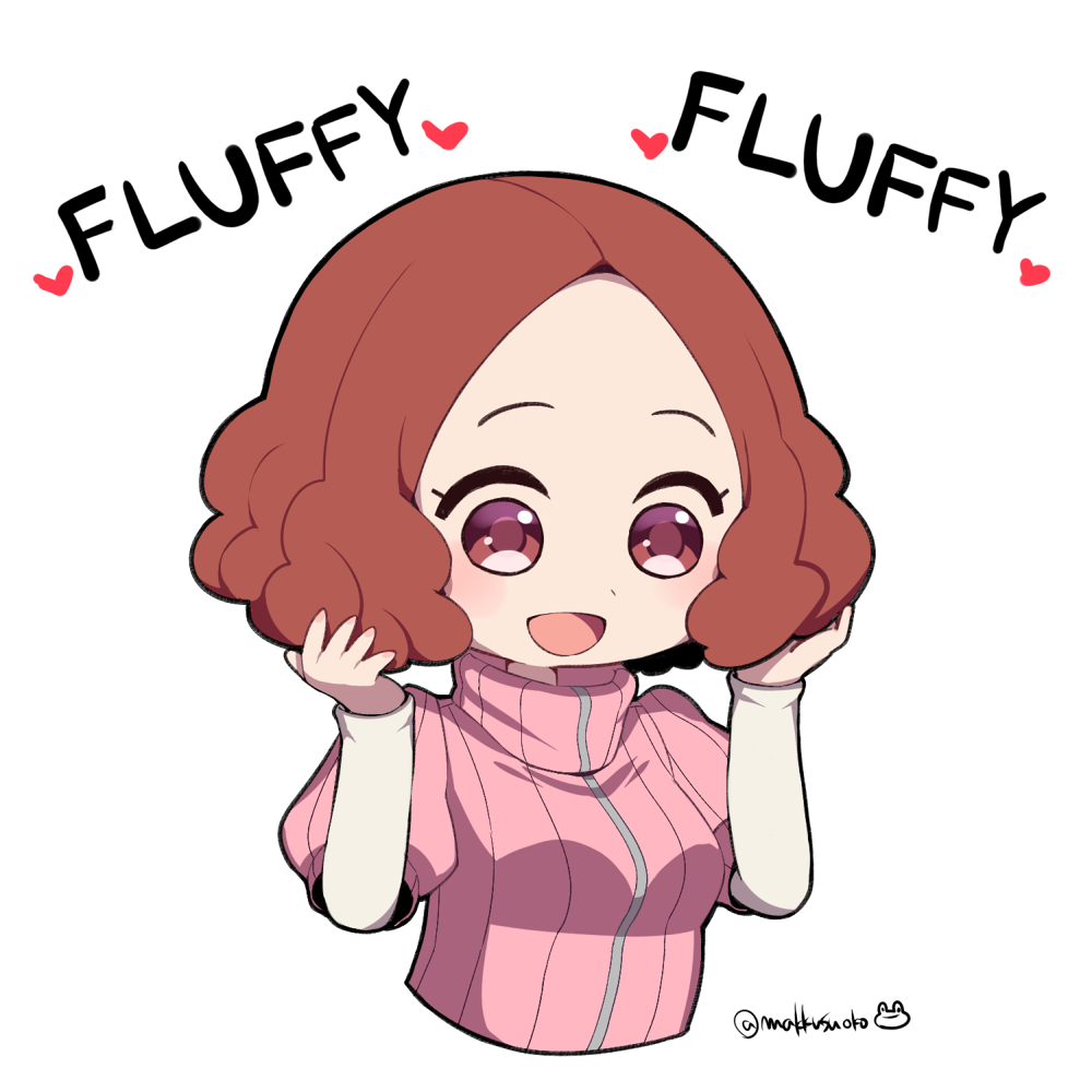 blush brown_eyes brown_hair commentary_request do_m_kaeru english fluffy hands_in_hair heart okumura_haru open_mouth persona persona_5 pink_sweater playing_with_own_hair ribbed_sweater short_hair smile solo sweater twitter_username upper_body