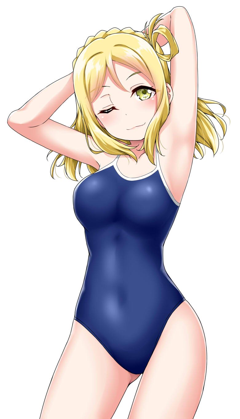 :3 ;) armpits arms_behind_head arms_up blonde_hair blue_swimsuit blush braid breasts commentary_request covered_navel cowboy_shot crown_braid green_eyes hair_rings highres looking_at_viewer love_live! love_live!_sunshine!! medium_breasts medium_hair ohara_mari one-piece_swimsuit one_eye_closed school_swimsuit simple_background smile solo swimsuit white_background yellow_eyes yopparai_oni