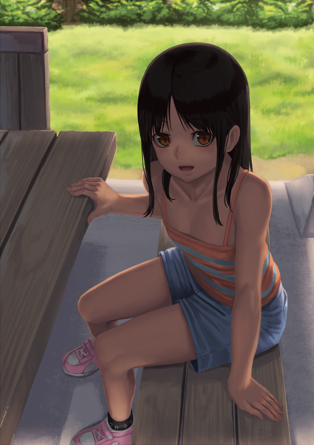 bangs bare_shoulders bench black_hair brown_eyes collarbone commentary_request day eyebrows_visible_through_hair fence highres long_hair open_mouth original outdoors parted_bangs pink_footwear ranma_(kamenrideroz) shorts solo tank_top wooden_fence