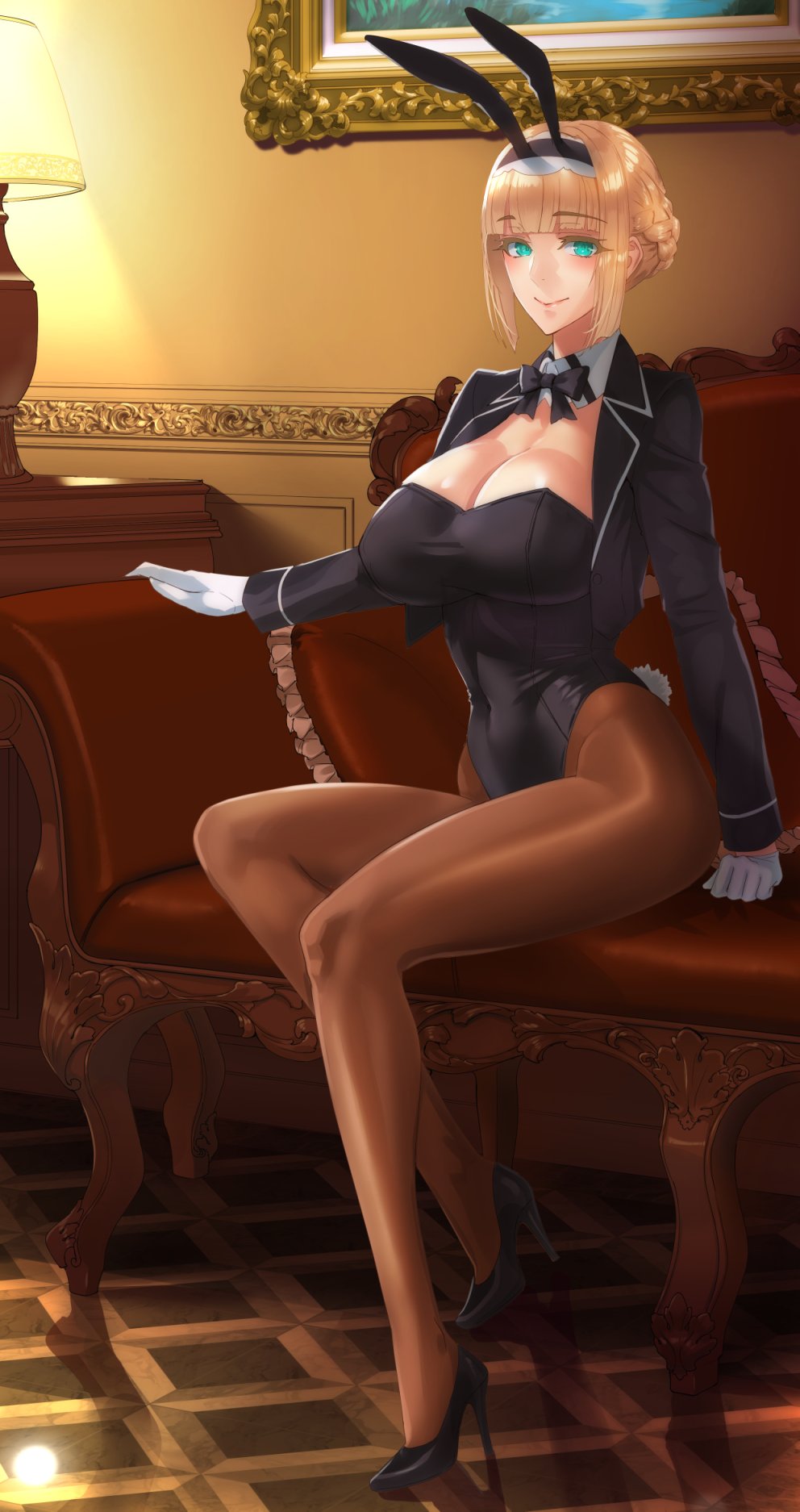 animal_ears aqua_eyes bangs black_jacket black_leotard blonde_hair blunt_bangs blush bow bowtie braid breasts bunny_ears bunny_girl bunny_tail bunnysuit cleavage commentary couch covered_navel damegane detached_collar eyebrows_visible_through_hair eyelashes french_braid gloves high_heels highres hips indoors jacket lamp large_breasts legs leotard looking_at_viewer open_clothes open_jacket original pantyhose pillow sitting smile solo tail thighs white_gloves