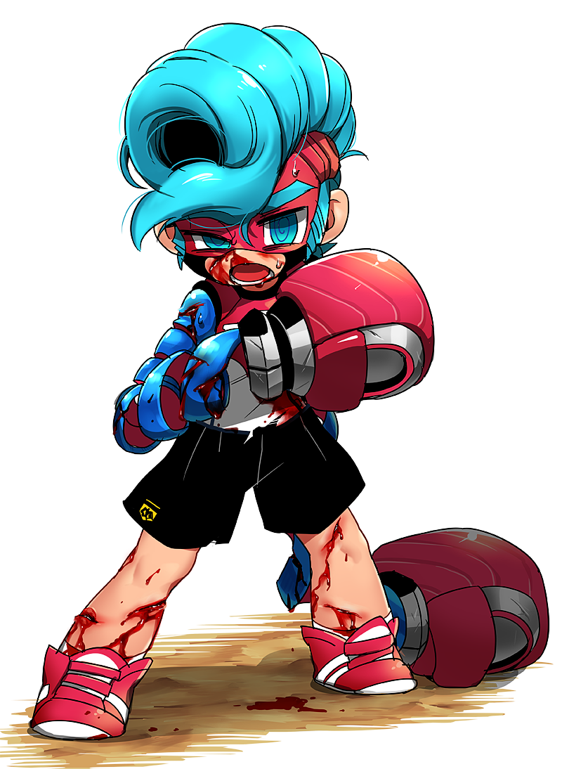 arms_(game) blood blue_hair boxing_gloves cuts damaged injury long_arms male_focus mask nosebleed pompadour simple_background solo spring_man_(arms) suno_(imydream) sweat toaster_(arms) white_background younger