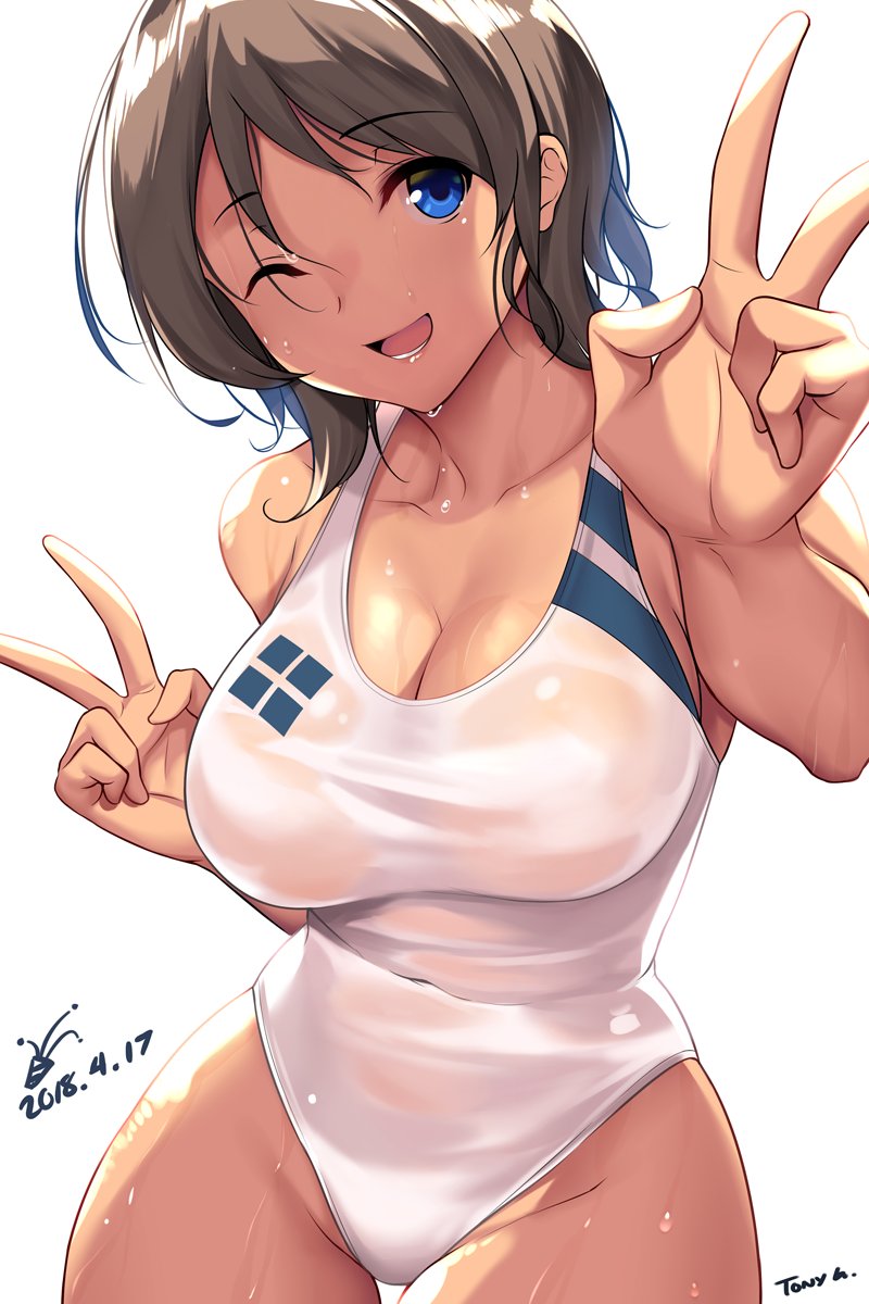 ;d alternate_color artist_name bare_shoulders blue_eyes breasts brown_hair cleavage collarbone competition_swimsuit covered_navel cowboy_shot dated double_v eyebrows_visible_through_hair highres large_breasts looking_at_viewer love_live! love_live!_sunshine!! one-piece_swimsuit one_eye_closed open_mouth short_hair simple_background smile solo swimsuit thigh_gap tony_guisado v watanabe_you wet wet_clothes wet_swimsuit white_background white_swimsuit