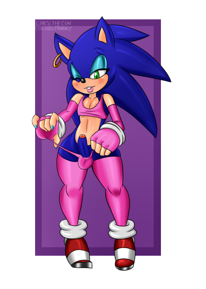 anthro armwear blue_fur clothed clothing colored_nails crossdressing erection fingerless_gloves footwear fur girly gloves green_eyes hedgehog high_heels humanoid_penis legwear lipstick makeup male mammal panties penis pink_armwear pink_clothing pink_legwear pink_underwear pranky shoes solo sonic_(series) sonic_the_hedgehog thecon thigh_highs underwear