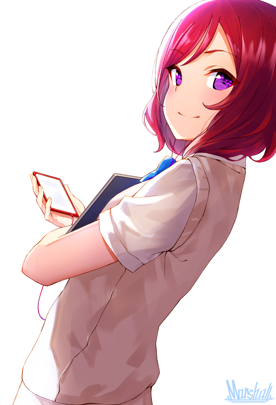 artist_name blue_neckwear bow bowtie cellphone commentary_request eyebrows_visible_through_hair highres holding holding_phone looking_at_viewer looking_back love_live! love_live!_school_idol_project marshall_(wahooo) nishikino_maki otonokizaka_school_uniform phone purple_eyes red_hair school_uniform short_sleeves simple_background smartphone smile solo sweater_vest upper_body white_background