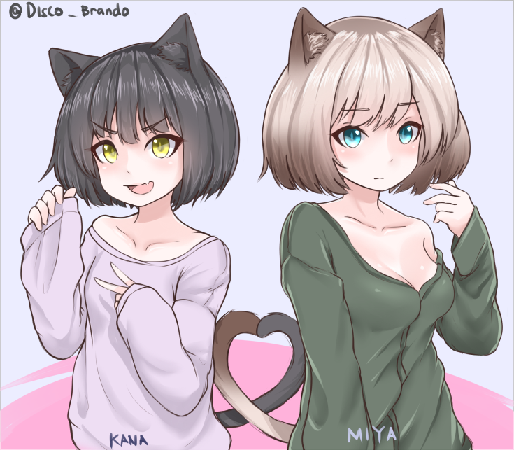 :d animal_ears black_hair blonde_hair blue_eyes blush breasts brown_hair cat_ears cat_girl cat_tail character_name cleavage closed_mouth commentary disco_brando english_commentary eyebrows_visible_through_hair fang gradient_hair green_sweater hands_up heart_tail_duo long_sleeves medium_breasts multicolored_hair multiple_girls off_shoulder open_mouth original pink_sweater short_hair sleeves_past_wrists smile sweater tail v yellow_eyes