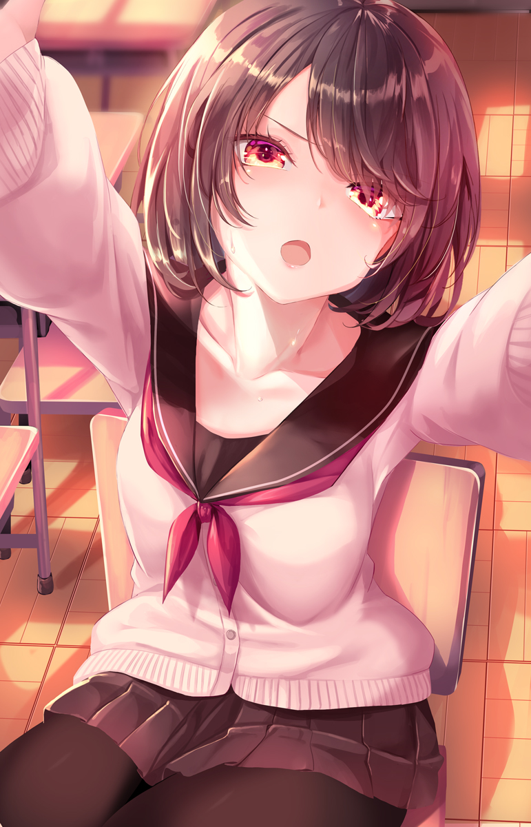bangs black_legwear blurry blurry_background brown_eyes brown_hair brown_skirt cardigan chair classroom collarbone commentary cowboy_shot depth_of_field desk frown haruka_natsuki head_tilt highres indoors looking_at_viewer miniskirt neckerchief open_mouth original outstretched_arms pantyhose pink_sweater pleated_skirt pov red_neckwear school_chair school_desk school_uniform serafuku shadow short_hair sitting skirt solo sweater swept_bangs v-shaped_eyebrows
