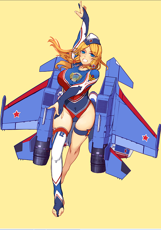 aerobics aircraft airplane barefoot blonde_hair blue_eyes breasts cleavage gloves gym_uniform gymnast_leotard hat jet large_breasts legwear_removed leotard long_hair long_legs mecha_musume military military_hat military_uniform open_mouth original skin_tight su-27 thigh_strap thighs uniform weapon yellow_background z.s.w.