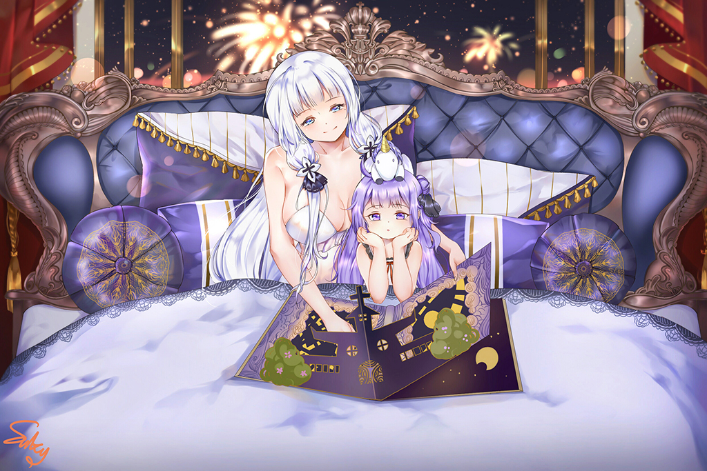 :o aerial_fireworks arm_support azur_lane bangs bare_shoulders bed black_ribbon blue_eyes blush book breasts closed_mouth collarbone commentary_request crescent dress eyebrows_visible_through_hair fireworks hair_bun hair_ribbon head_tilt illustrious_(azur_lane) indoors large_breasts long_hair looking_at_viewer multiple_girls night night_sky on_head one_side_up open_book parted_lips pillow pop-up_book purple_eyes purple_hair ribbon shizi_suky side_bun signature silver_hair sitting sky sleeveless sleeveless_dress smile stuffed_alicorn stuffed_animal stuffed_toy under_covers unicorn_(azur_lane) very_long_hair white_dress window