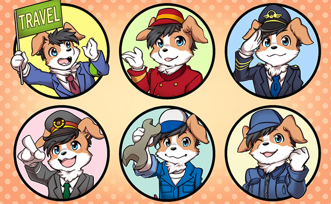 anthro bellhop black_hair business_suit canine clothing coronta_(tenshoku_safari) dog fur hair holding_object looking_at_viewer male mammal maruyama_(artist) multicolored_fur official_art one_eye_closed open_mouth orange_fur plumber pointing police salute smile suit tenshoku_safari tools two_tone_fur white_fur wink wrench