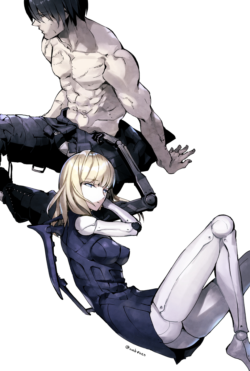 1girl abs black_hair black_pants blame! blonde_hair bodysuit chest cibo cyberpunk cyborg fetal_position highres killy lap_pillow lying muscle muted_color nabenko on_side pants robot_joints scar shirtless simple_background sitting twitter_username white_background