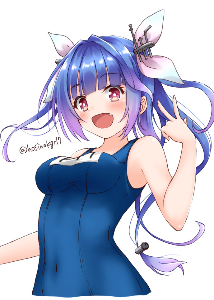 :d bangs bare_arms bare_shoulders blue_hair blue_swimsuit blunt_bangs blush covered_navel cropped_torso eyebrows_visible_through_hair fang gradient_hair hair_ribbon hand_up headgear hoshino_kagari i-19_(kantai_collection) kantai_collection long_hair looking_at_viewer multicolored_hair name_tag one-piece_swimsuit open_mouth pink_eyes pink_ribbon purple_hair ribbon school_swimsuit sidelocks simple_background skin_tight smile solo star star-shaped_pupils swimsuit symbol-shaped_pupils tareme twitter_username upper_body v white_background