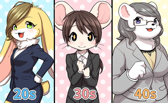 age_difference anthro bear black_hair breasts brown_hair business_suit clothing eyewear fur glasses green_eyes hair lagomorph mammal maruyama_(artist) mouse nemi_(tenshoku_safari) official_art open_mouth polar_bear rabbit rodent smile suit tenshoku_safari usagine_(tenshoku_safari) white_fur yellow_fur