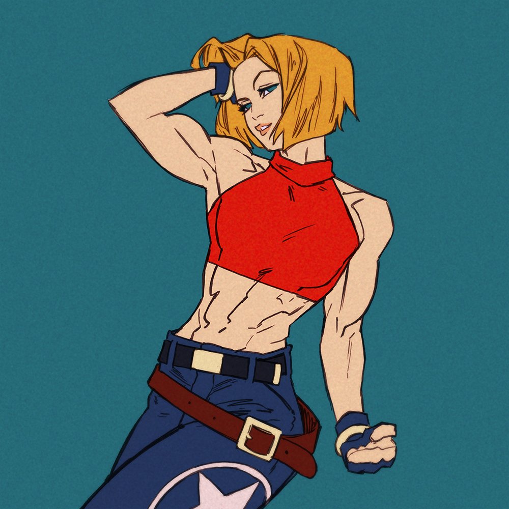 abs baggy_pants bare_shoulders belt biceps blonde_hair blue_background blue_eyes blue_mary bob_cut bracelet cowboy_shot crop_top fatal_fury fingerless_gloves gloves hand_in_hair jewelry kris_anka looking_at_viewer midriff multiple_belts muscle muscular_female pants short_hair solo the_king_of_fighters toned