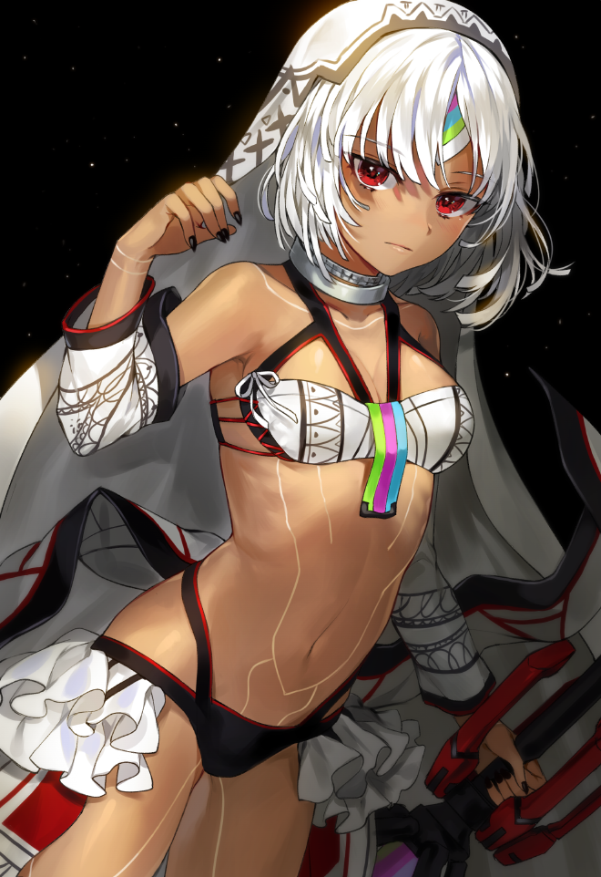 altera_(fate) arm_up armpits bangs bare_shoulders bikini black_background black_bikini_bottom black_nails breasts cleavage closed_mouth collar collarbone cowboy_shot detached_sleeves dutch_angle expressionless eyebrows_visible_through_hair fate/grand_order fate_(series) forehead_protector frills full_body_tattoo gijang holding holding_weapon long_sleeves looking_at_viewer mismatched_bikini nail_polish navel red_eyes silver_hair simple_background small_breasts solo standing stomach swimsuit tattoo tsurime veil waist_cape weapon white_bikini_top