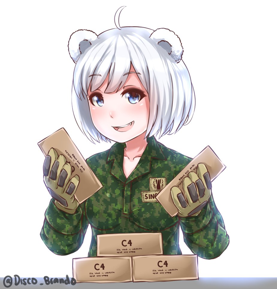 :d animal_ears bear_ears blue_eyes c4 camouflage camouflage_shirt collared_shirt commentary commission disco_brando english_commentary eyebrows_visible_through_hair fang gloves green_shirt hands_up holding long_sleeves looking_at_viewer open_mouth original shirt short_hair simple_background smile solo twitter_username white_background white_hair