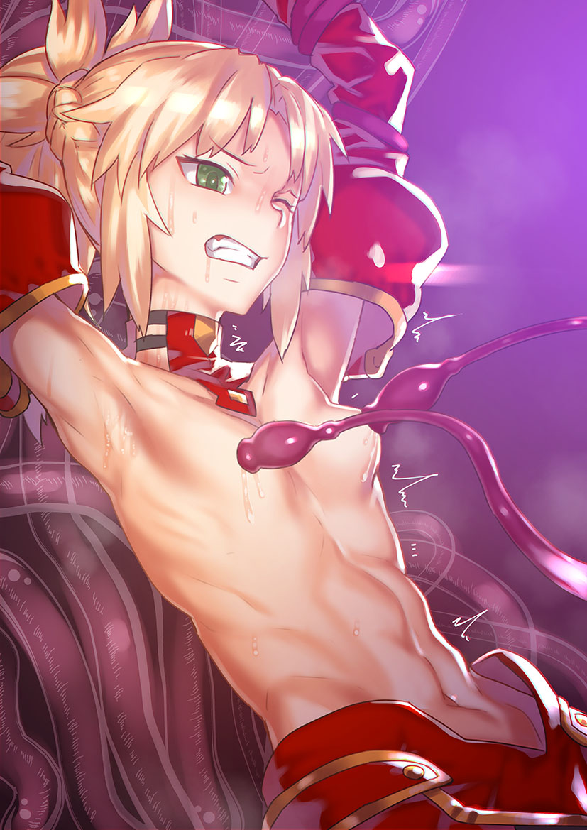 armpits arms_up blonde_hair bound bound_arms braid breast_sucking breasts bright_pupils clenched_teeth detached_collar detached_sleeves fate/apocrypha fate_(series) french_braid green_eyes jack_hamster long_hair long_sleeves mordred_(fate) mordred_(fate)_(all) motion_lines navel one_eye_closed ponytail purple_background restrained sidelocks small_breasts solo stomach sweat teeth tentacles toned topless trembling tsurime upper_body v-shaped_eyebrows