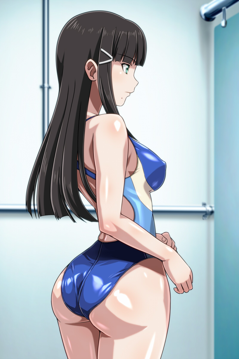anime_coloring ass bangs bare_arms bare_shoulders blue_swimsuit blunt_bangs blush breasts brown_hair closed_mouth competition_swimsuit covered_nipples cowboy_shot expressionless eyebrows_visible_through_hair from_behind green_eyes hair_ornament hairclip highres indoors kurosawa_dia legs_together long_hair love_live! love_live!_sunshine!! medium_breasts mole mole_under_mouth monteriakitto one-piece_swimsuit profile shiny shiny_clothes shiny_skin sidelocks skin_tight solo standing swimsuit