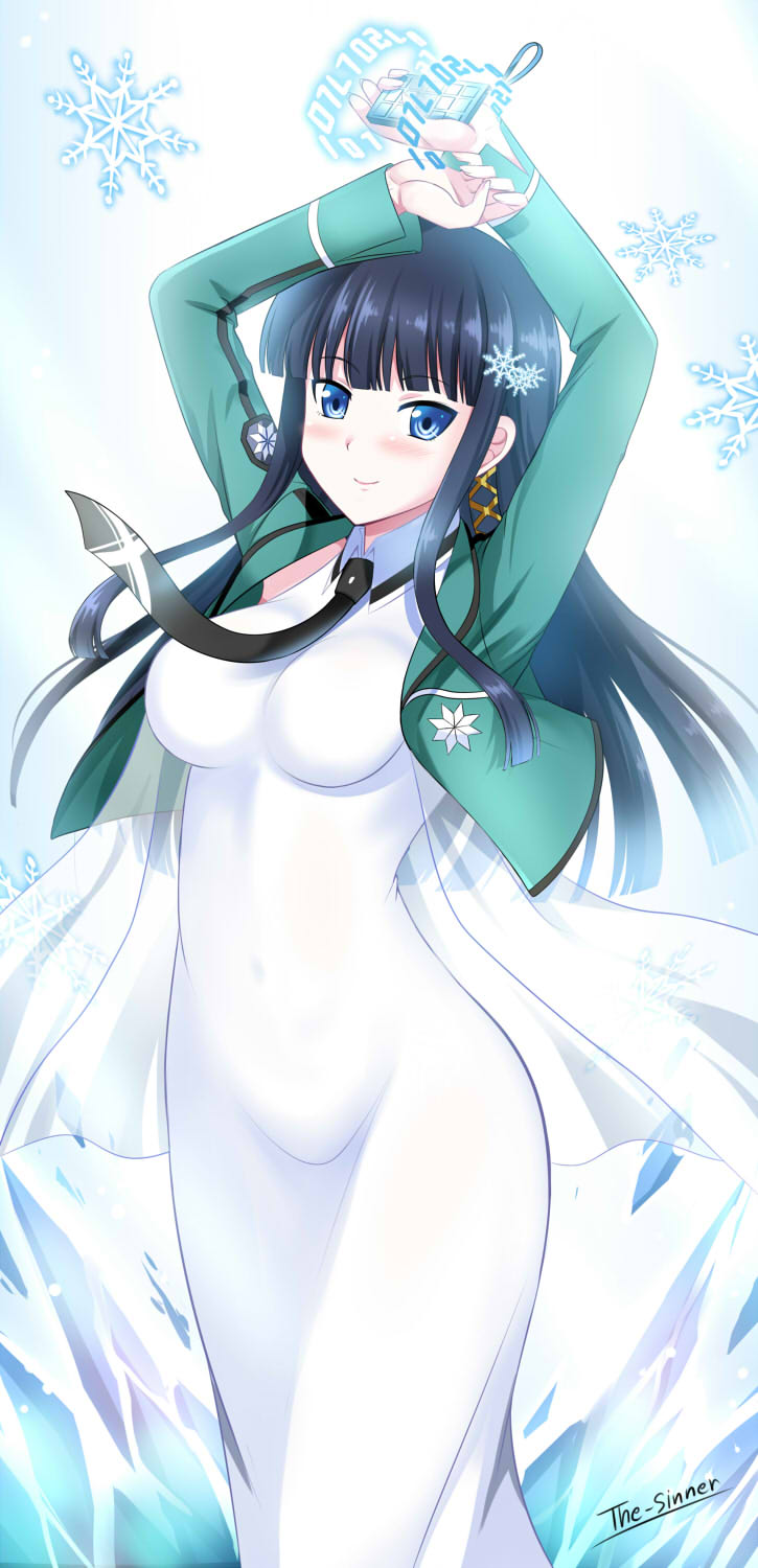 arms_up artist_name bangs black_neckwear blunt_bangs blush breasts collared_dress covered_navel cowboy_shot dress feet_out_of_frame gradient gradient_background green_jacket hair_ornament highres holding jacket long_sleeves looking_at_viewer mahouka_koukou_no_rettousei medium_breasts necktie number open_clothes open_jacket shiba_miyuki sidelocks smile snowflake_hair_ornament snowflakes solo standing straight_hair the-sinner white_dress wing_collar