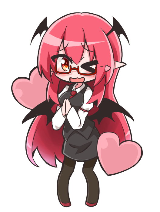 &gt;_o ;3 ;d bat_wings bespectacled black_legwear blush chibi commentary_request dress_shirt eyebrows_visible_through_hair full_body glasses hands_together head_wings heart juliet_sleeves koakuma long_hair long_sleeves looking_at_viewer low_wings necktie not_on_shana one_eye_closed open_mouth pantyhose pointy_ears puffy_sleeves red-framed_eyewear red_eyes red_hair red_neckwear semi-rimless_eyewear shirt simple_background skirt skirt_set smile solo standing touhou very_long_hair vest white_background white_shirt wings