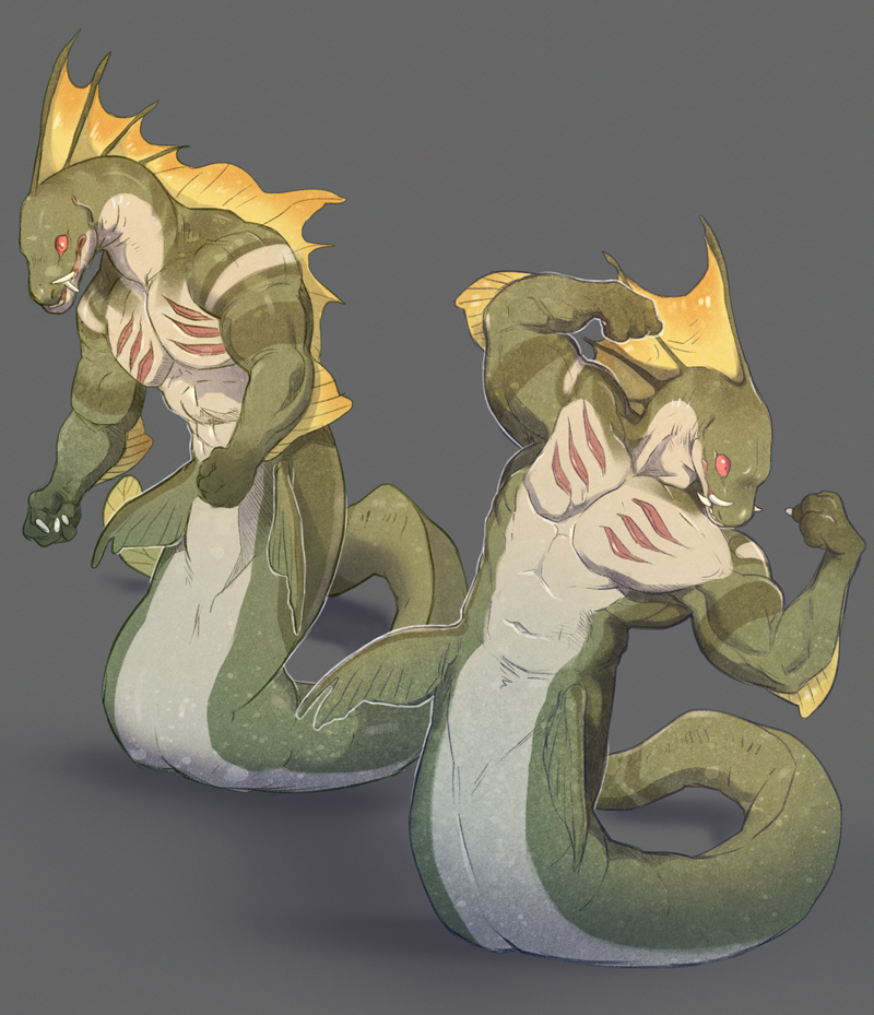 abs anthro biceps claws fangs fin flexing frill gills green_skin grey_background intricatevision invalid_tag long_tail male metadragon muscular muscular_male naga navel nude pecs pose red_eyes reptile scalie simple_background snake solo standing tail_fin teeth white_skin