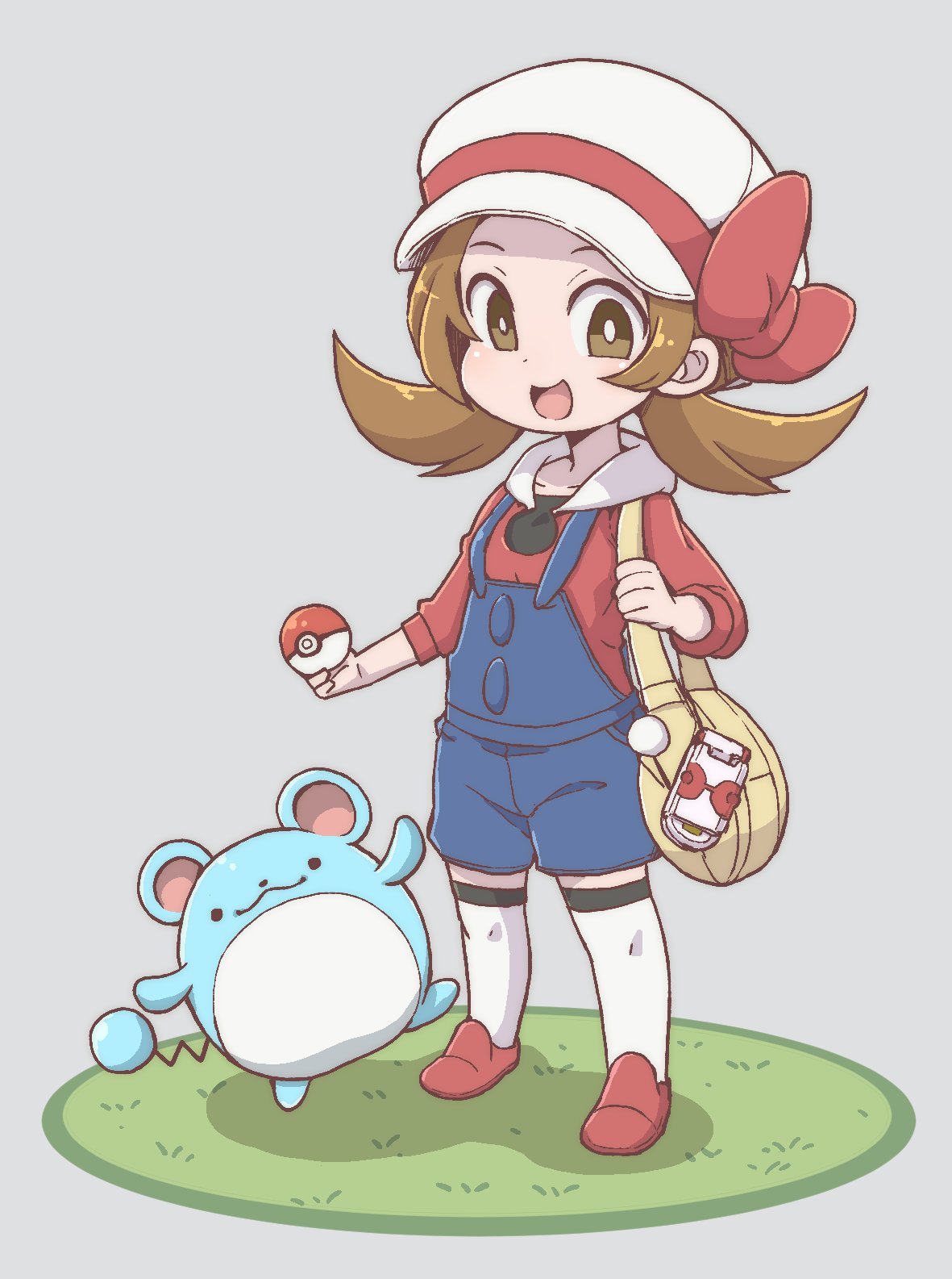 :d bag blush bow breasts bright_pupils brown_eyes brown_hair cabbie_hat chibi collarbone eyebrows full_body gen_2_pokemon grass handbag hat hat_bow highres holding holding_poke_ball kotone_(pokemon) legs_apart long_hair long_sleeves marill nazonazo_(nazonazot) open_mouth overalls pocket poke_ball poke_ball_(generic) pokegear pokemon pokemon_(creature) pokemon_(game) pokemon_hgss red_bow red_footwear red_shirt shadow shirt shoes silver_background simple_background small_breasts smile solo standing thighhighs tongue twintails white_hat white_legwear white_pupils zettai_ryouiki