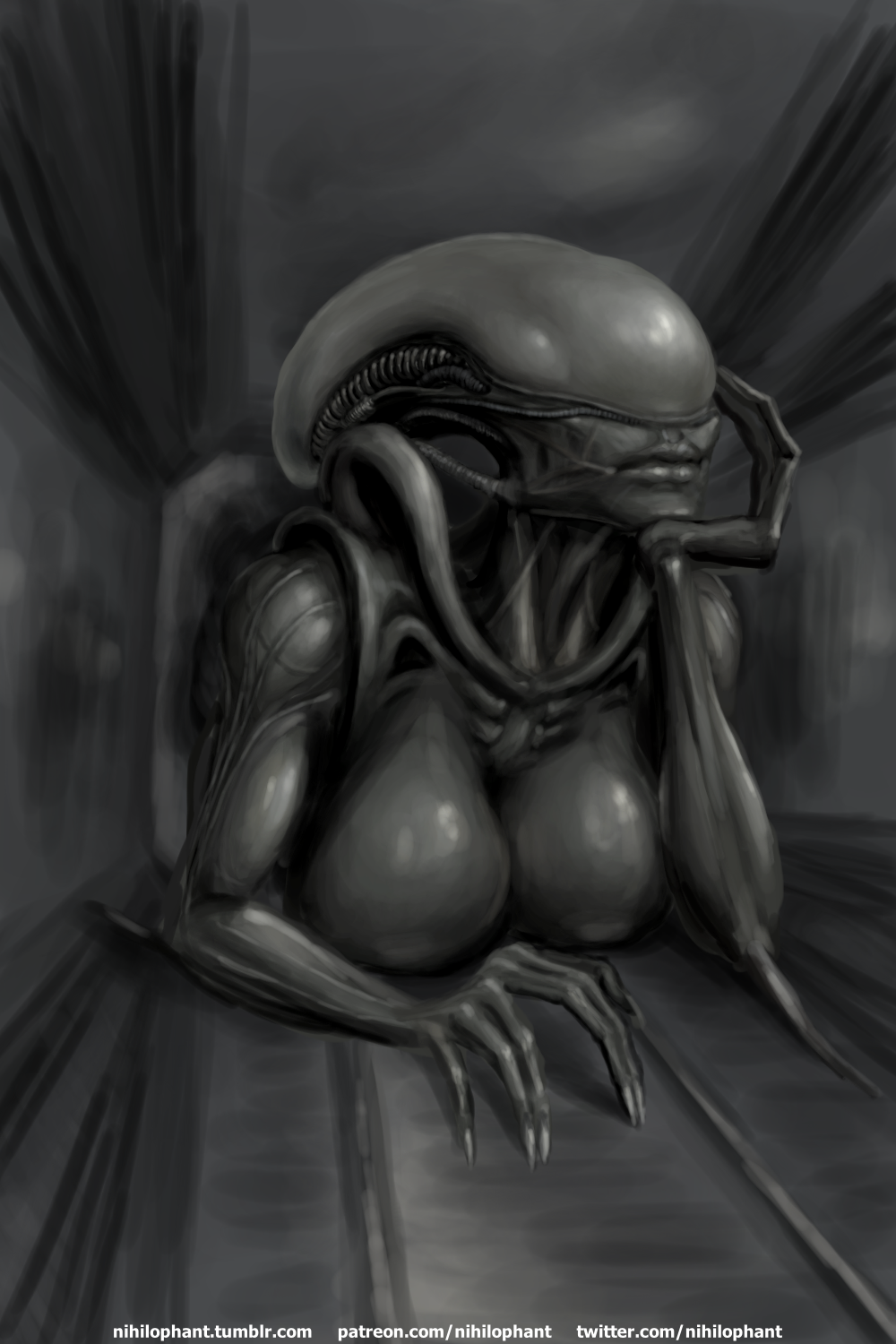 2018 alien alien_(franchise) alien_girl beast_(disambiguation) black_body black_skin black_tail bored breasts claws eyeless female humanoid lips monster monster_girl_(genre) nihilophant not_furry nude stuck vent xenomorph xenophilia