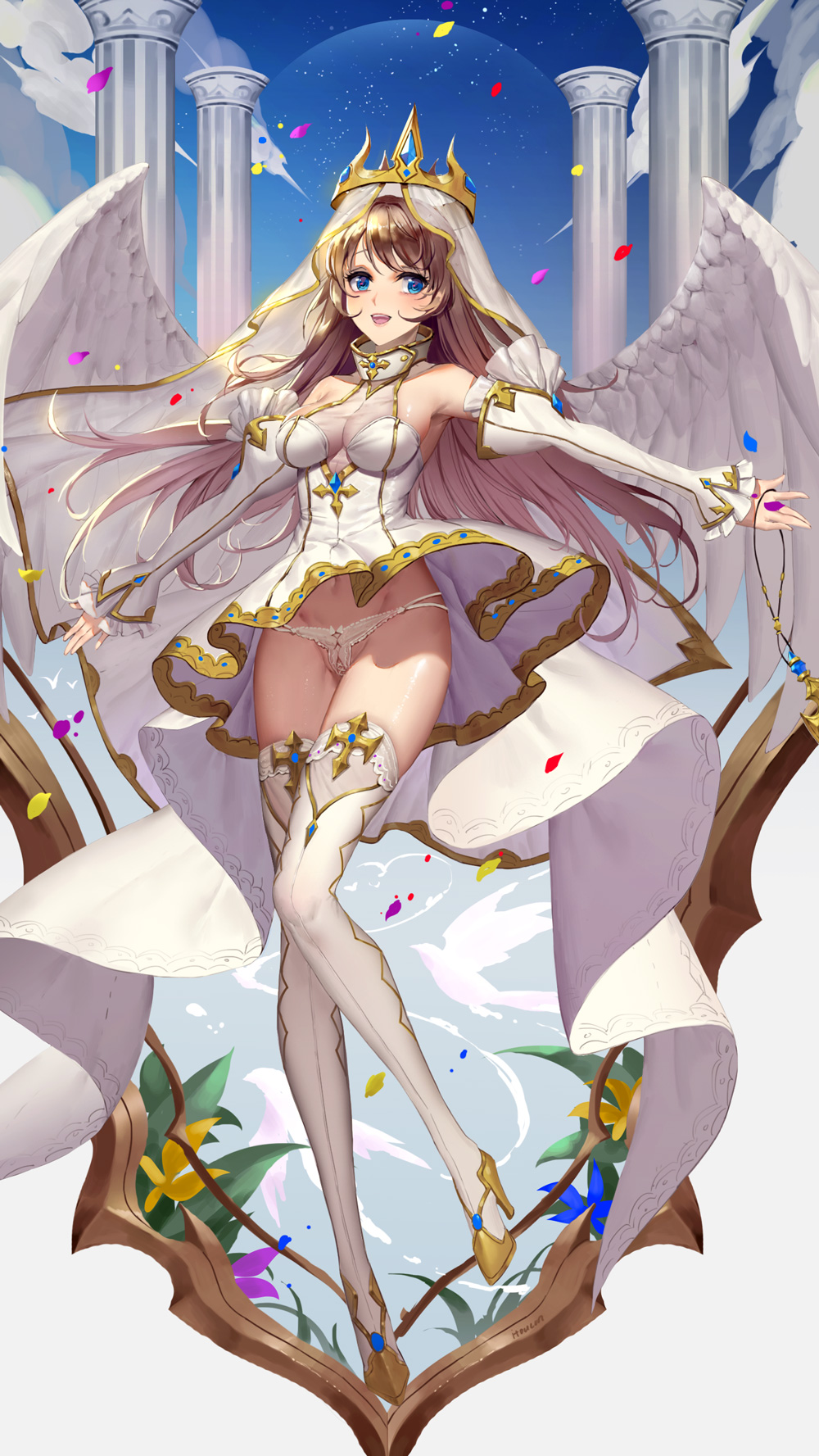 :d angel_wings armpits artist_name bangs bare_shoulders blue_eyes blue_sky boots breasts brown_hair cleavage cloud column crown day detached_sleeves dress feathered_wings frilled_sleeves frills groin high_heel_boots high_heels highres holding_necklace itoucon jewelry jewelry_removed leg_up lingerie long_hair looking_at_viewer medium_breasts navel necklace necklace_removed open_mouth original outdoors outstretched_arm panties pantyshot pantyshot_(standing) partially_visible_vulva pendant petals pillar see-through shiny shiny_skin sky smile solo standing standing_on_one_leg swept_bangs thigh_boots thighhighs thighs underwear upskirt veil very_long_hair white_dress white_footwear white_panties white_wings wind wind_lift wings