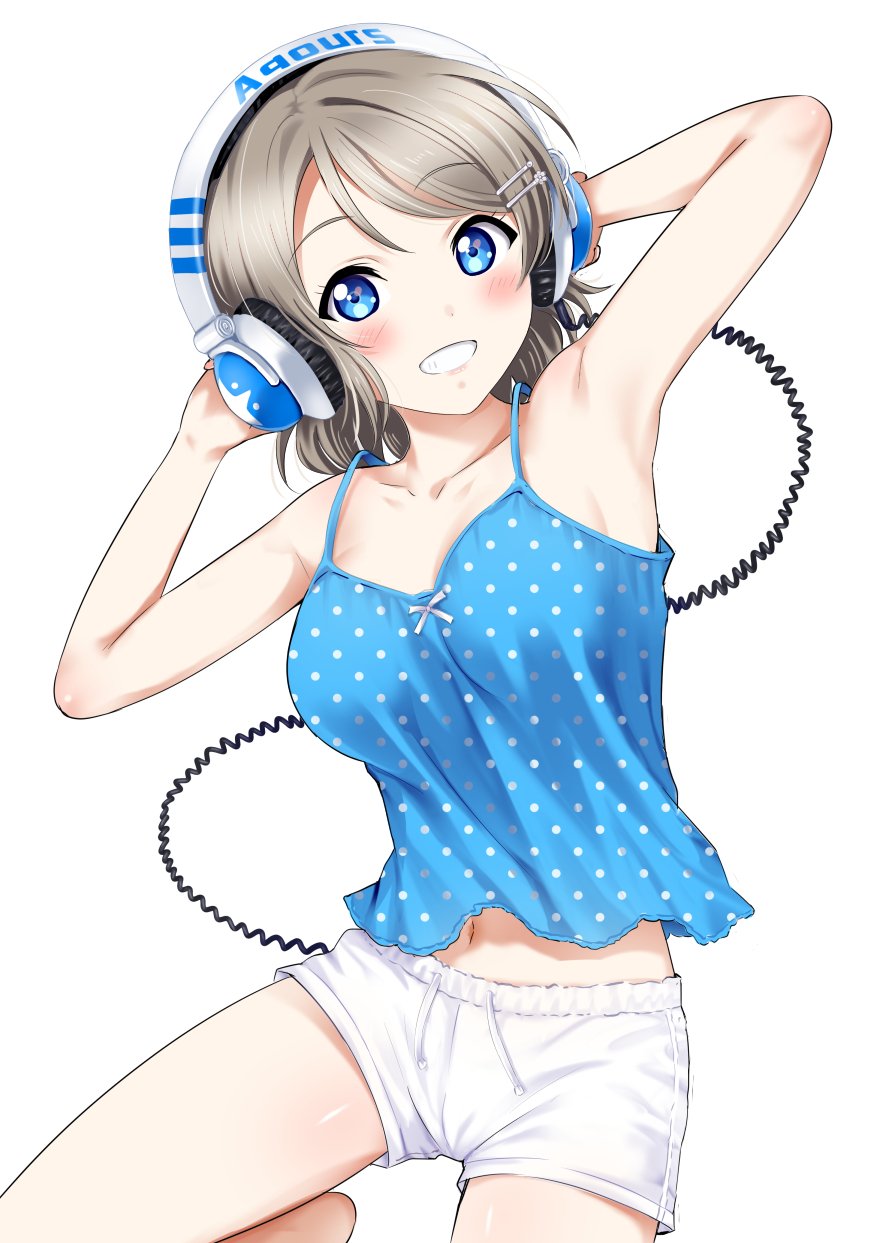 :d armpits arms_up bangs bare_legs barefoot blush breasts camisole cleavage collarbone eyebrows_visible_through_hair grin hair_ornament hairclip hands_on_headphones headphones highres leg_up looking_at_viewer love_live! love_live!_sunshine!! medium_breasts navel open_mouth polka_dot rozen5 shiny shiny_skin short_hair short_shorts shorts simple_background smile solo spaghetti_strap standing standing_on_one_leg swept_bangs tareme teeth watanabe_you white_background white_shorts