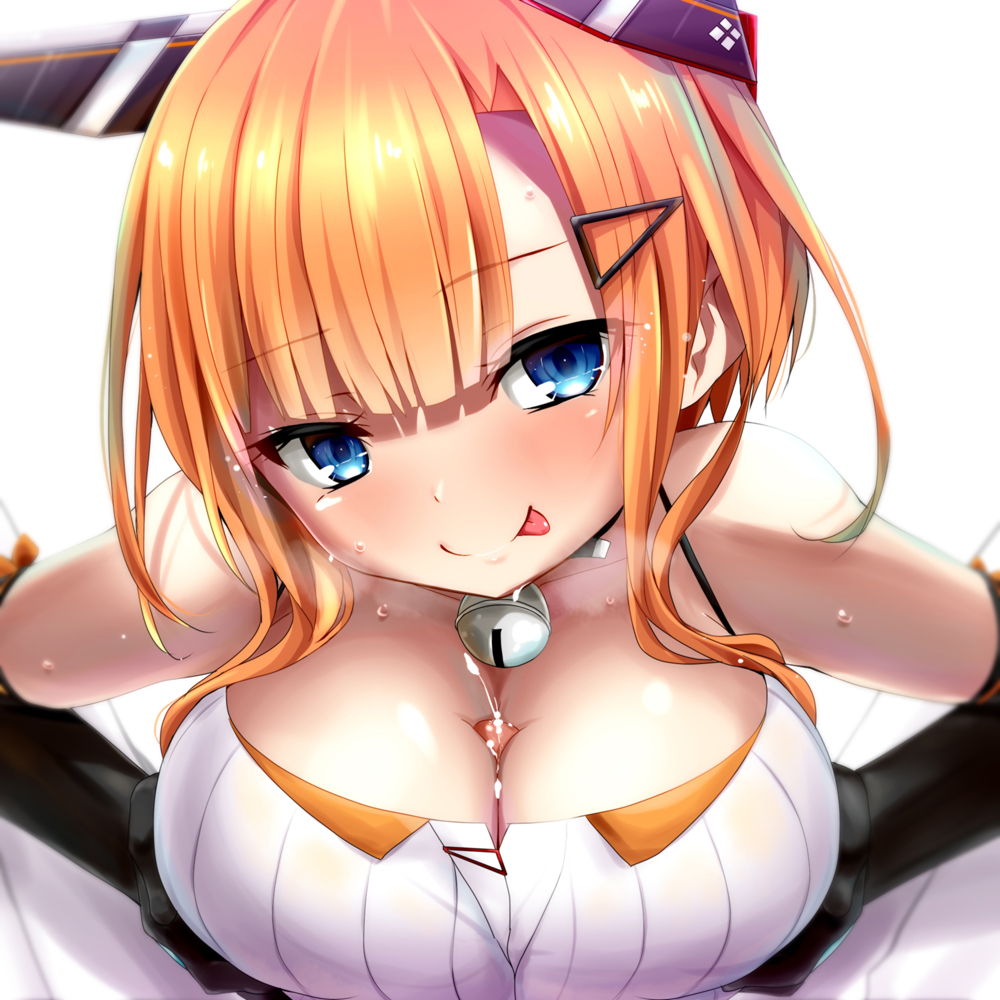 1girl :p azur_lane bangs bare_shoulders bell bell_collar black_gloves blue_eyes blunt_bangs blush breast_squeeze breasts cleavage collar collarbone cum dress elbow_gloves eyebrows_visible_through_hair foxhound_(azur_lane) gloves hair_ornament hairclip head_tilt headgear heavy_breathing hetero large_breasts looking_at_viewer orange_hair paizuri paizuri_under_clothes penis precum remodel_(azur_lane) short_hair_with_long_locks sidelocks simple_background smile solo_focus sweat sweatdrop tongue tongue_out upper_body watarui white_background