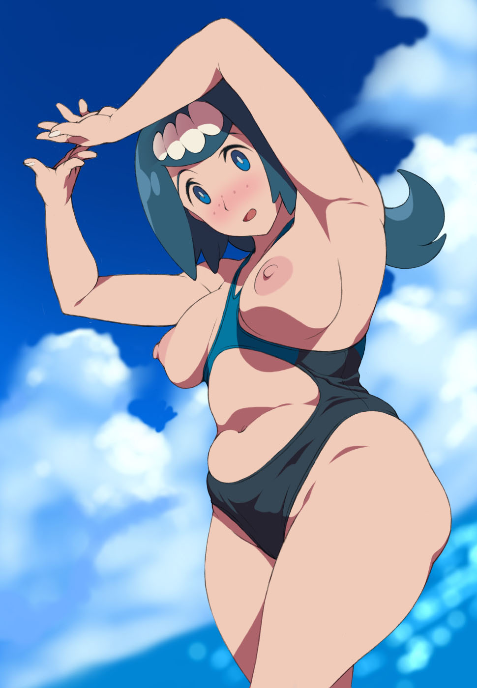 areolae armpits arms_up blue blue_eyes blue_hair blue_sky blush breasts breasts_apart breasts_outside bright_pupils cloud commentary_request cowboy_shot curvy day freckles highres kei_(bekei) looking_at_viewer mature medium_breasts navel navel_cutout nipples nose_blush ocean open_mouth pokemon pokemon_(anime) pokemon_sm_(anime) sky solo stomach suiren's_mother_(pokemon) swimsuit water wide_hips