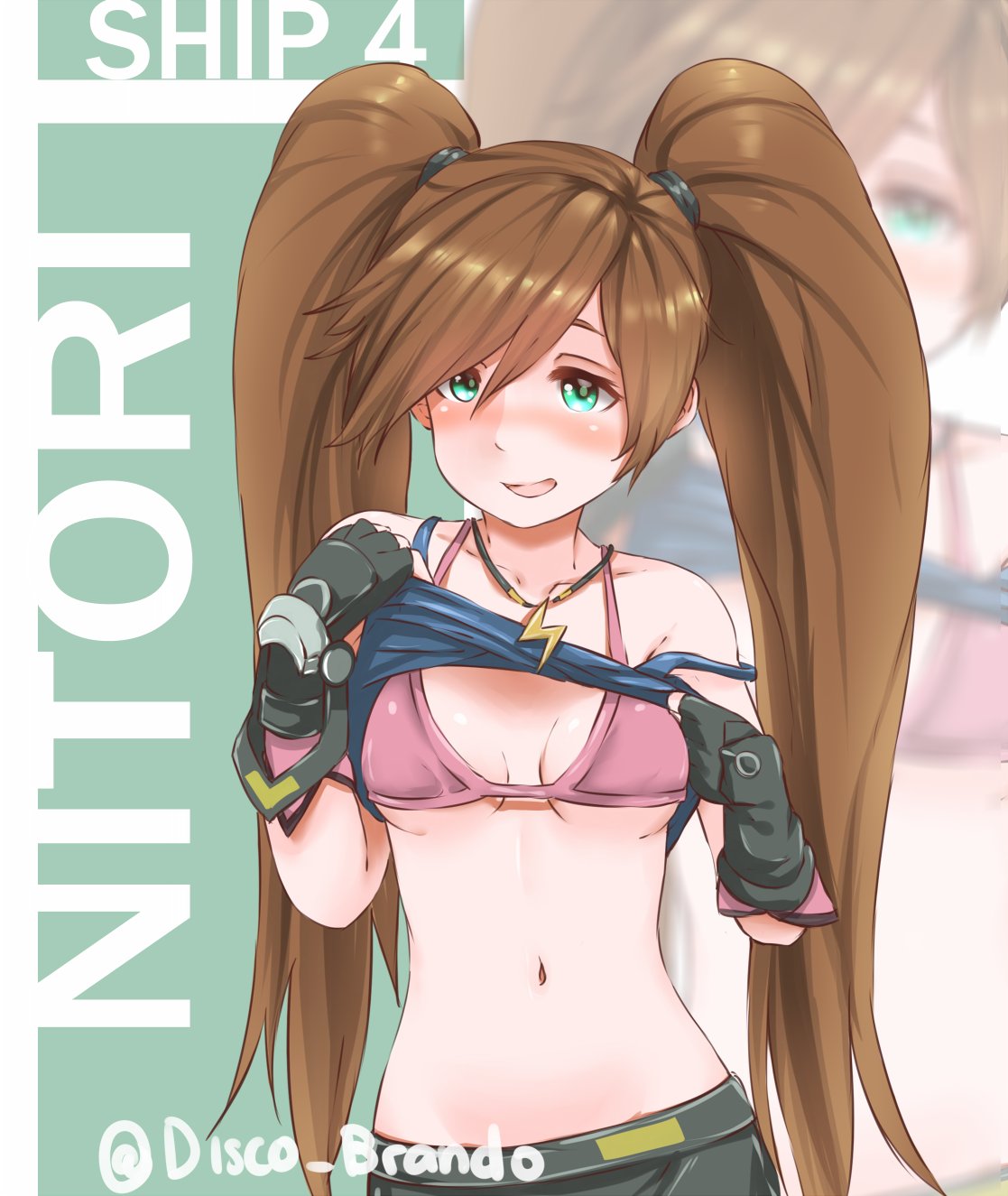 :d black_gloves blush bra breasts brown_hair collarbone commentary commission disco_brando english_commentary fingerless_gloves gloves green_eyes groin hands_up highres jewelry lifted_by_self long_hair looking_at_viewer medium_breasts navel necklace open_mouth phantasy_star phantasy_star_online_2 pink_bra shirt_lift smile solo standing stomach twintails twitter_username underwear very_long_hair zoom_layer