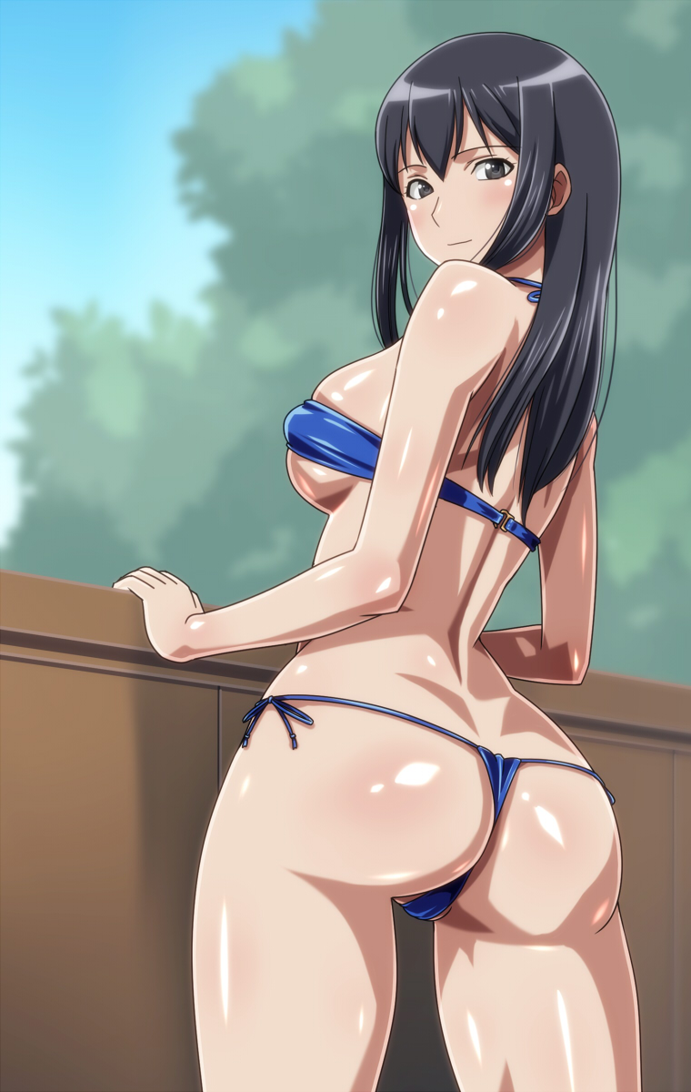 anime_coloring ass bandeau bare_shoulders bikini black_eyes black_hair blue_bikini blue_sky blush breasts closed_mouth cowboy_shot day from_behind highres long_hair looking_at_viewer looking_back medium_breasts monteriakitto original outdoors shiny shiny_clothes shiny_hair shiny_skin side-tie_bikini skindentation sky smile solo standing strapless swimsuit thong_bikini tree