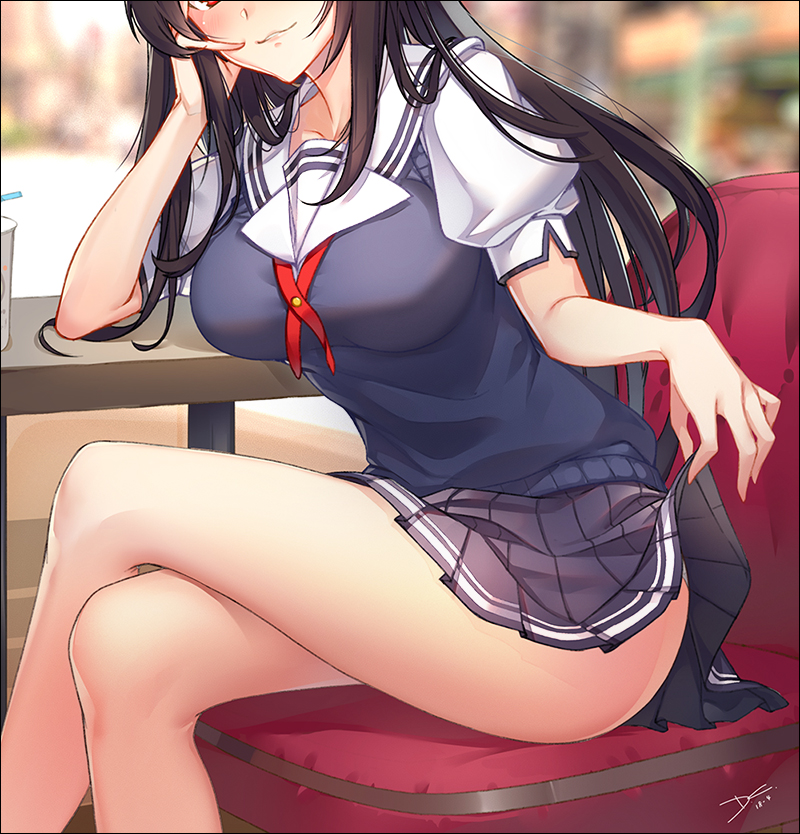 bare_legs bendy_straw black_hair black_skirt blush breasts crossed_legs cup dreamcatcher drinking_straw hand_on_own_cheek head_out_of_frame indoors kasumigaoka_utaha large_breasts lifted_by_self lips long_hair looking_at_viewer no_legwear panties pleated_skirt puffy_short_sleeves puffy_sleeves red_eyes saenai_heroine_no_sodatekata school_uniform short_sleeves sitting skirt skirt_lift smile solo sweater_vest table underwear