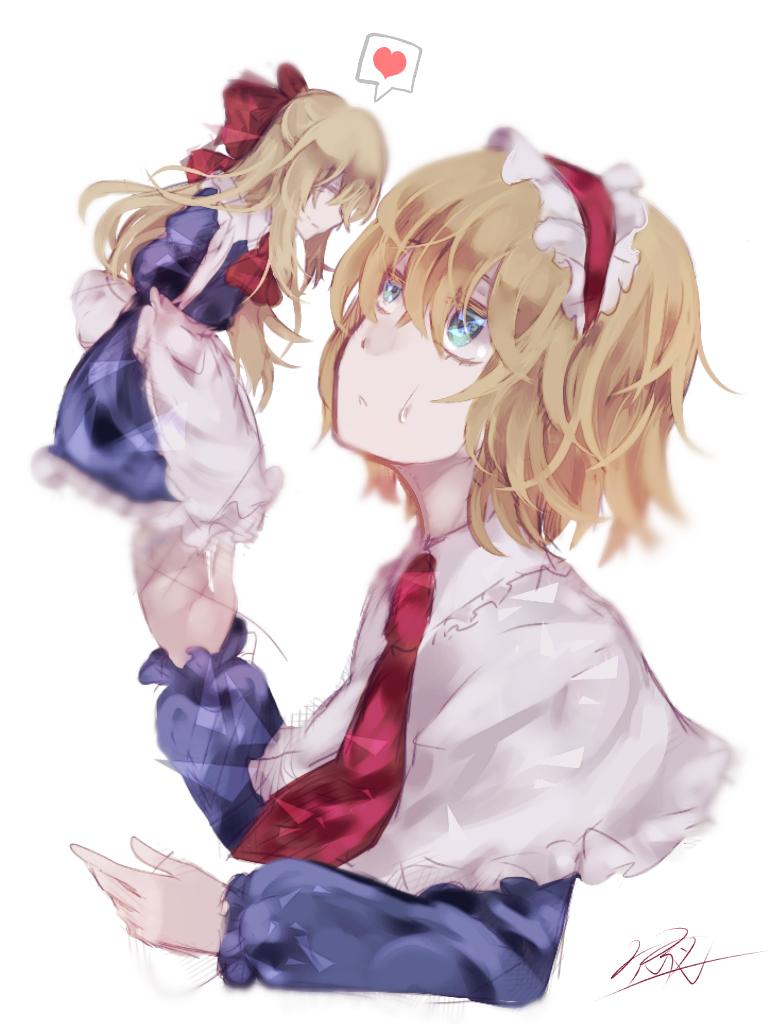 alice_margatroid apron blonde_hair blue_eyes capelet closed_eyes colored_eyelashes doll floating hair_ribbon hairband heart long_hair looking_at_another multiple_girls neckerchief necktie ribbon rokuya_(6_ahonoko) shanghai_doll short_hair signature smile spoken_heart sweatdrop touhou upper_body white_background