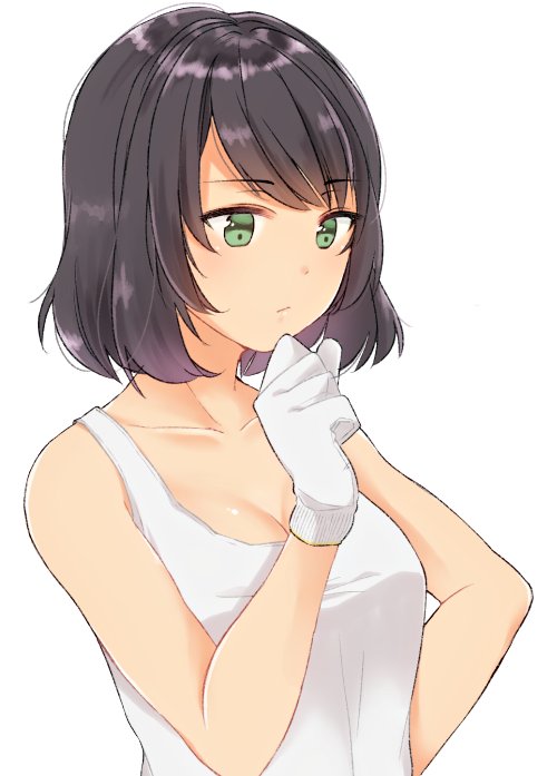 black_hair breasts cleavage clenched_hand closed_mouth collarbone commentary dark_skin eyebrows_visible_through_hair girls_und_panzer gloves green_eyes hand_on_own_chin hoshino_(girls_und_panzer) light_frown looking_to_the_side mechanic medium_breasts shirt short_hair simple_background solo tam_a_mat tank_top upper_body white_background white_gloves white_shirt