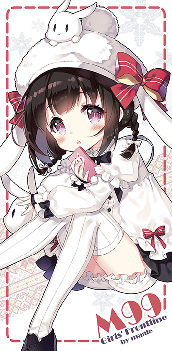 animal animal_ears animal_hat artist_name bangs black_footwear black_hair black_skirt bloomers blush bow braid bunny bunny_ears bunny_hat cellphone character_name commentary copyright_name eyebrows_visible_through_hair girls_frontline hat hat_bow holding holding_cellphone holding_phone long_hair long_sleeves looking_at_viewer m99_(girls_frontline) manle parted_lips phone puffy_long_sleeves puffy_short_sleeves puffy_sleeves purple_eyes red_bow shirt shoes short_over_long_sleeves short_sleeves skirt smartphone solo striped striped_bow thighhighs twin_braids underwear upper_teeth white_bloomers white_hat white_legwear white_shirt
