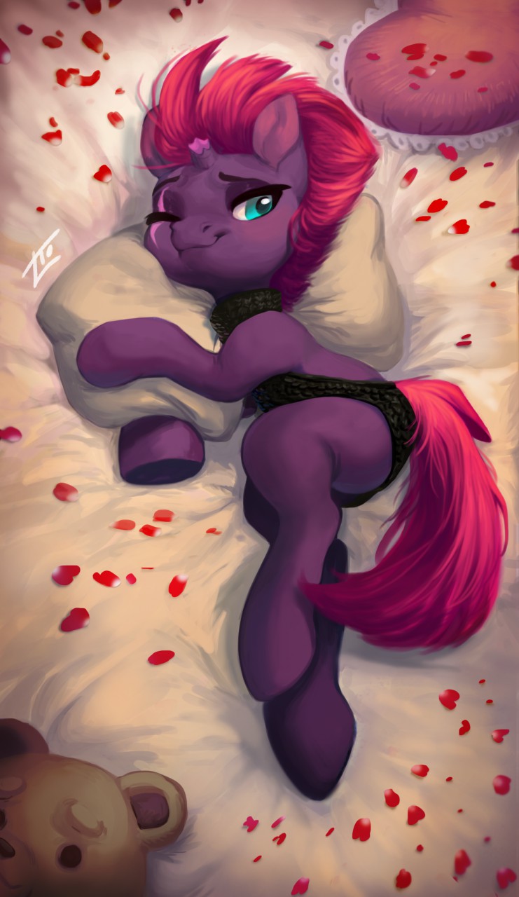 &lt;3 2018 bed blush broken_horn butt clothed clothing cute equine eye_scar eyebrows eyelashes female feral fizzlepop_berrytwist_(mlp) flower_petals hair hooves horn inside locksto looking_at_viewer lying mammal my_little_pony my_little_pony_the_movie on_bed one_eye_closed petals pillow pink_hair rose_petals scar short_hair signature smile solo sweater teal_eyes teddy_bear tempest_shadow_(mlp) underhoof unicorn virgin_killer_sweater