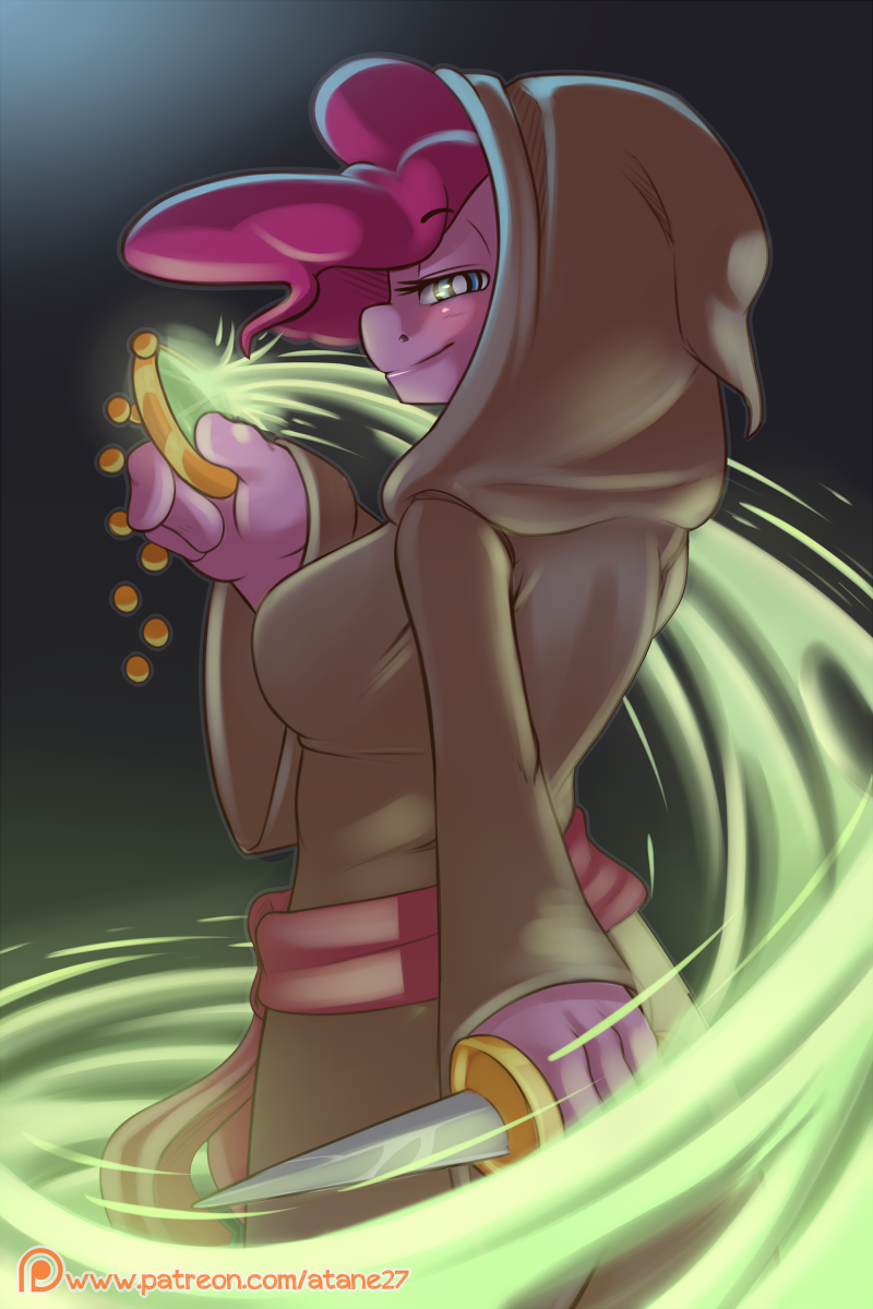 anthro atane27 clothed clothing digital_media_(artwork) earth_pony equine female friendship_is_magic hair hi_res holding_object holding_weapon horse looking_at_viewer mammal my_little_pony patreon pinkie_pie_(mlp) pony solo weapon