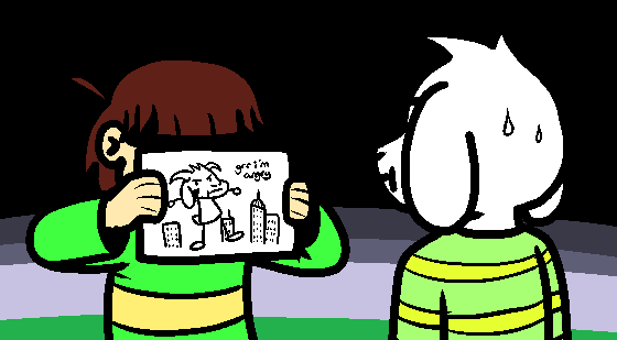 ambiguous_gender asriel_dreemurr boss_monster caprine chara_(undertale) child clothed clothing cub drawing duo fur goat hair human humanoid humor low_res male mammal quetzadrake sweat undertale video_games white_fur young