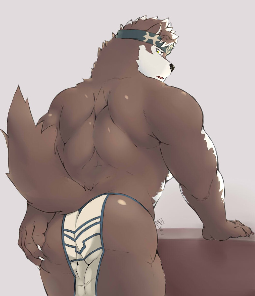 2017 5_fingers anthro back_muscles biceps big_muscles black_nose butt canine claws clothing countershade_face countershade_torso countershading essentialryu eyes_closed fluffy fluffy_tail grey_background hand_on_butt horkeukamui humanoid_hands kemono loincloth male mammal mostly_nude muscular open_mouth raised_tail rear_view simple_background solo tokyo_afterschool_summoners triceps white_claws white_countershading wolf