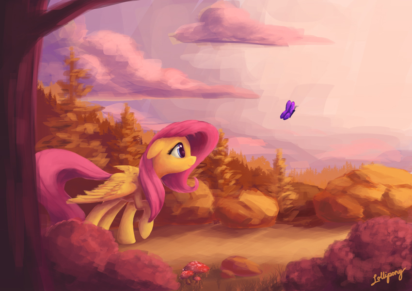 2018 arthropod blue_eyes butterfly cloud cute equine eyelashes feathered_wings feathers female feral floppy_ears fluttershy_(mlp) friendship_is_magic hair hooves insect lolliponybrony mammal mushroom my_little_pony nature nude outside pegasus pink_hair plant raised_leg rock shrub signature sky smile solo tree walking wings yellow_feathers