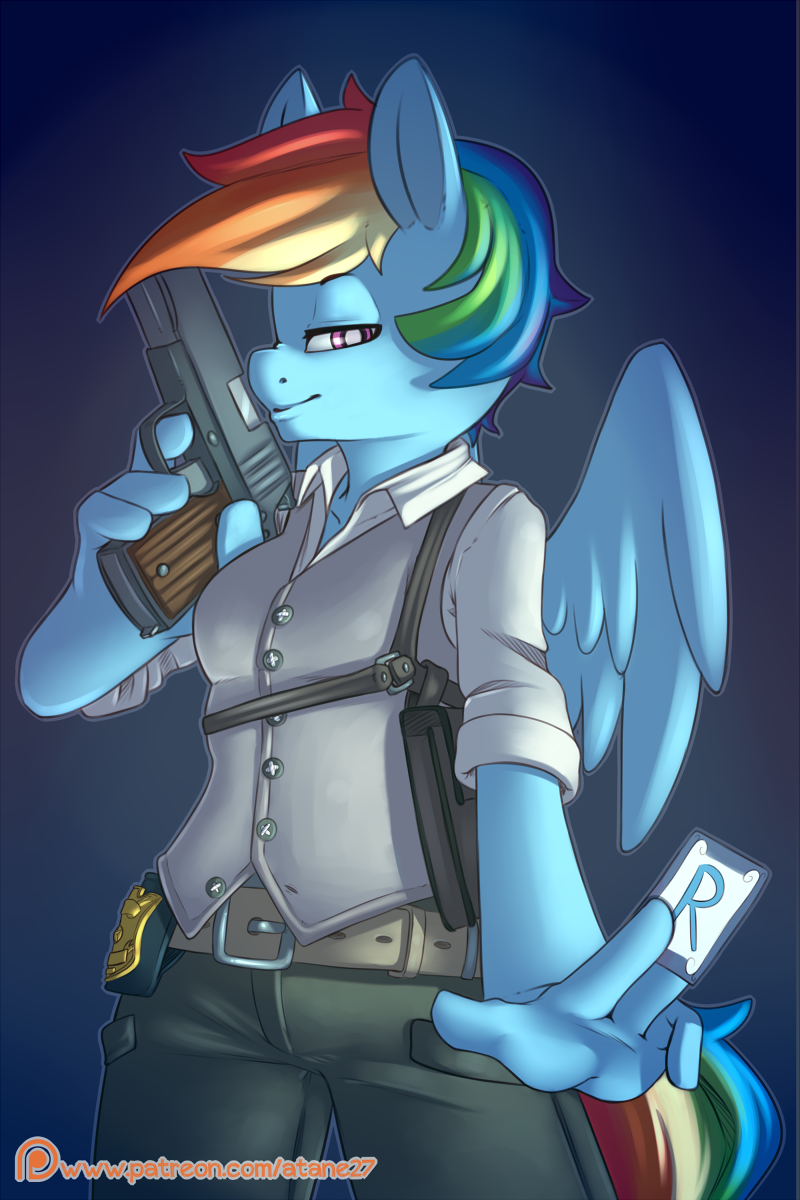 anthro atane27 clothed clothing digital_media_(artwork) equine female friendship_is_magic gun hair hi_res holding_weapong looking_at_viewer mammal multicolored_hair my_little_pony patreon pegasus rainbow_dash_(mlp) rainbow_hair ranged_weapon solo weapon wings