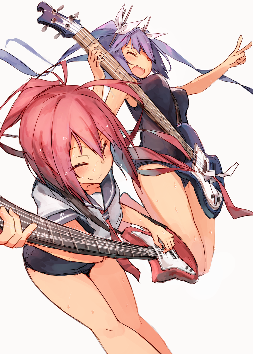 :d ahoge bass_guitar beize_(garbage) blush closed_eyes commentary_request guitar hair_ribbon highres i-168_(kantai_collection) i-19_(kantai_collection) instrument kantai_collection long_hair multiple_girls old_school_swimsuit one-piece_swimsuit open_mouth ponytail purple_hair red_hair ribbon school_swimsuit school_uniform serafuku simple_background smile swimsuit swimsuit_under_clothes tri_tails v wet white_background