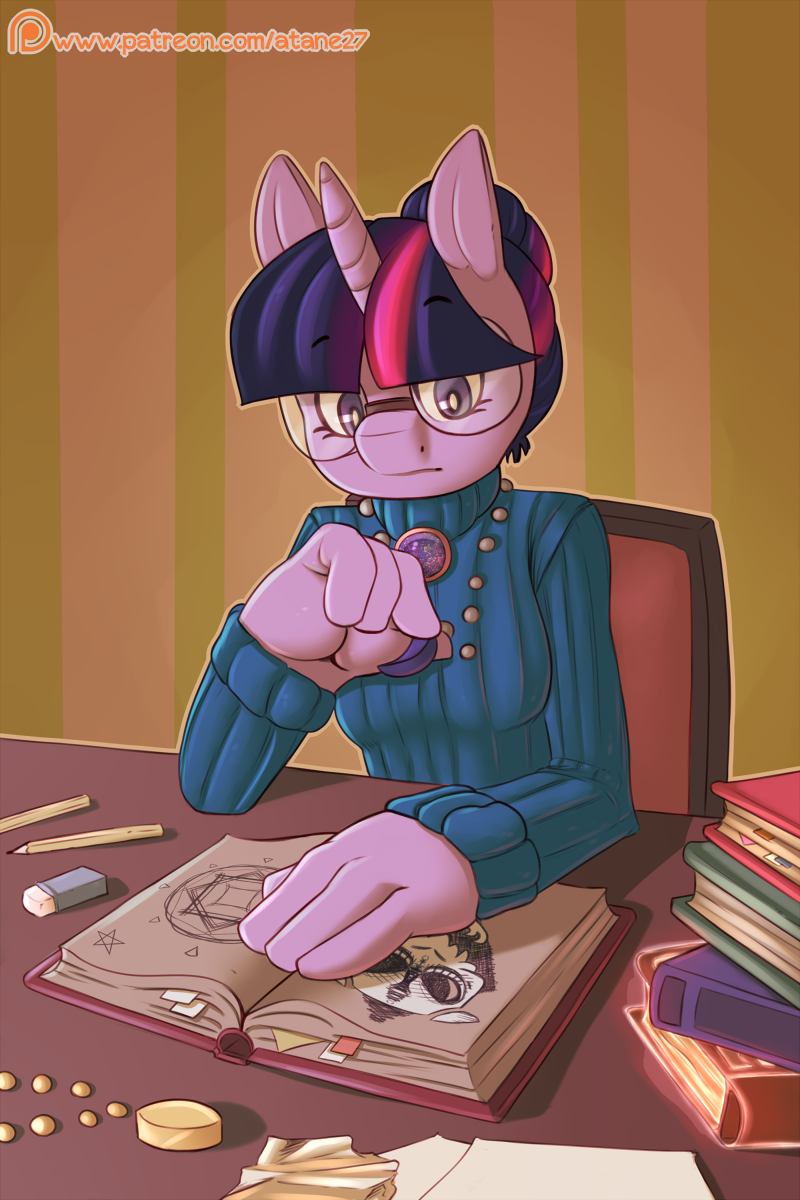 anthro atane27 book clothed clothing digital_media_(artwork) equine eyewear female friendship_is_magic glasses hair hi_res horn inside mammal my_little_pony patreon pencil_(object) solo twilight_sparkle_(mlp) unicorn