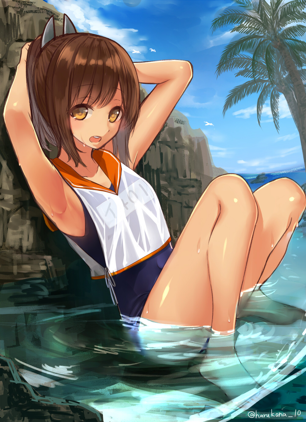arms_behind_head barefoot brown_eyes brown_hair full_body hair_ornament hairclip harukana_(harukana_10) highres i-401_(kantai_collection) kantai_collection looking_at_viewer name_tag one-piece_swimsuit one-piece_tan orange_sailor_collar palm_tree ponytail rock sailor_collar sailor_shirt school_swimsuit shirt short_ponytail solo swimsuit swimsuit_under_clothes tan tanline tree water