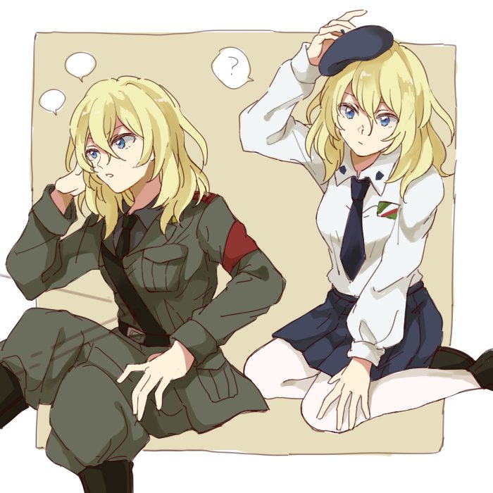 ? alpachiiino anchovy anchovy_(cosplay) anzio_military_uniform anzio_school_uniform bangs belt beret black_footwear black_hat black_neckwear black_shirt black_skirt blonde_hair blue_eyes boots brown_background closed_mouth commentary cosplay crossed_legs dress_shirt dual_persona emblem girls_und_panzer grey_jacket grey_pants hand_in_hair hand_on_head hat jacket knee_boots loafers long_sleeves looking_at_viewer looking_to_the_side medium_hair military military_uniform miniskirt necktie oshida_(girls_und_panzer) outside_border pants pantyhose parted_lips pleated_skirt sam_browne_belt school_uniform seiza shirt shoes sitting skirt spoken_question_mark uniform white_legwear white_shirt wing_collar